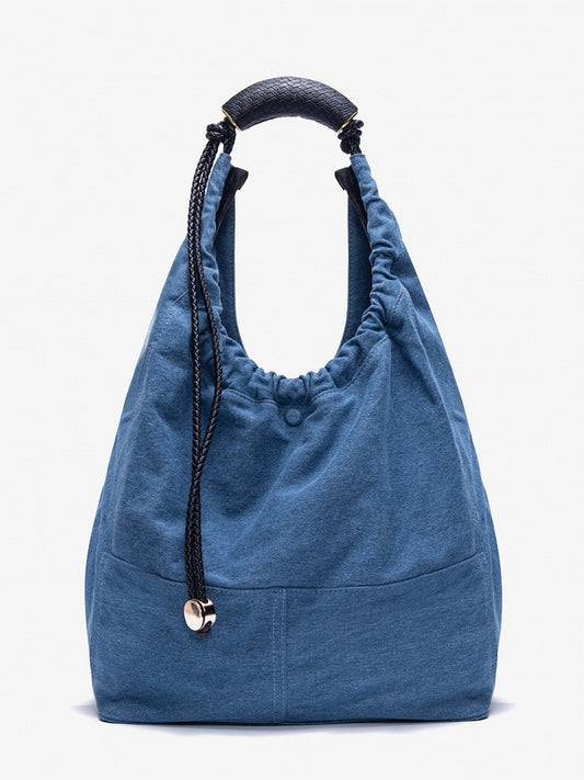 Blue Denim Large Capacity Tote Shoulder Bag With Adjustable Braided Strap