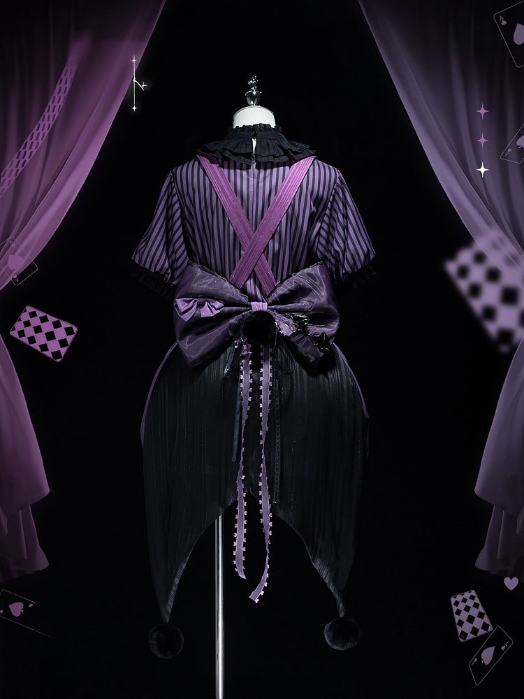 Clearance-Size L for Bust 100CM Kuromi Black and Purple Bunny Theme Circus Vibes Ouji Lolita Striped Pattern Top + Waist 64-74CM Bloomers Set