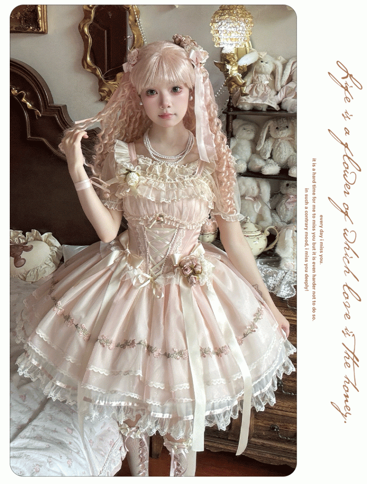 Pink Ribbon Bowknots Decoration Boned Waist Balletcore Sweet Lolita Dress Flutter Sleeves JSK