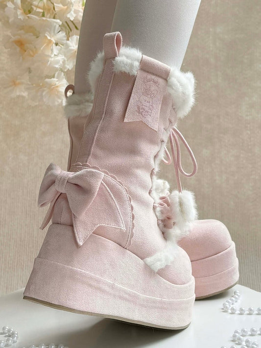 Pink Sweet Lolita Platform Boots - Plush Star & Heart Charm Laces with Bow Accents
