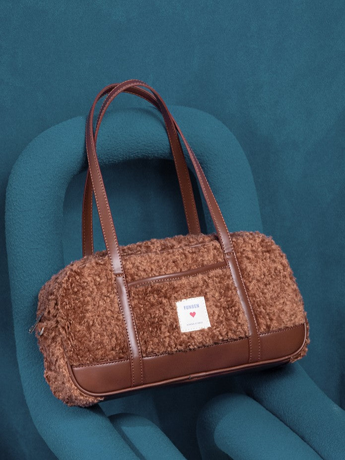 Brown Faux Teddy Fur Baguette Bag with Heart Tag