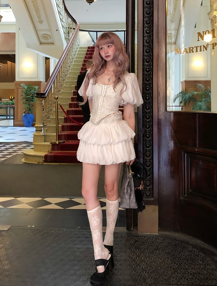 Ruffle-Trimmed Apricot Tiered Mini Bubble Skirt