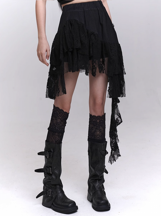 Black Lace Patchwork Cascading Ruffles Skirt
