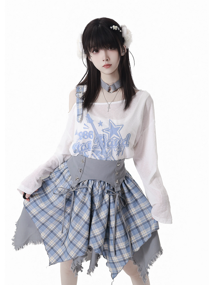 Frayed Handkerchief Hem Blue & White /Black & White Plaid Skirt