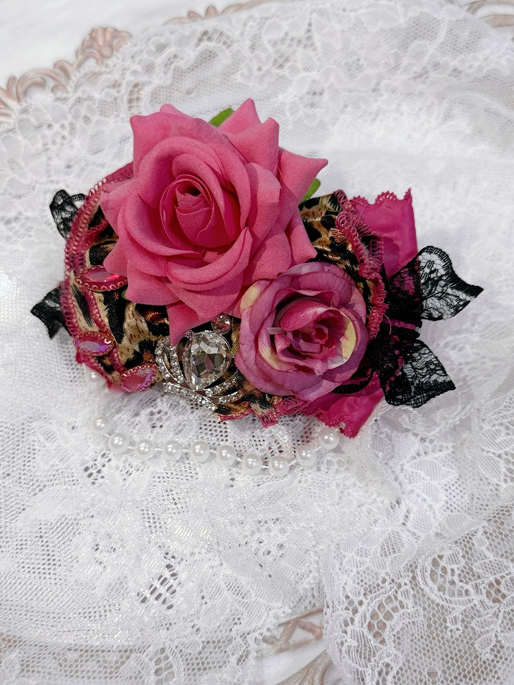 Black&Rose Pink Floral Design Rhinestone Crown Decorated Hairclip