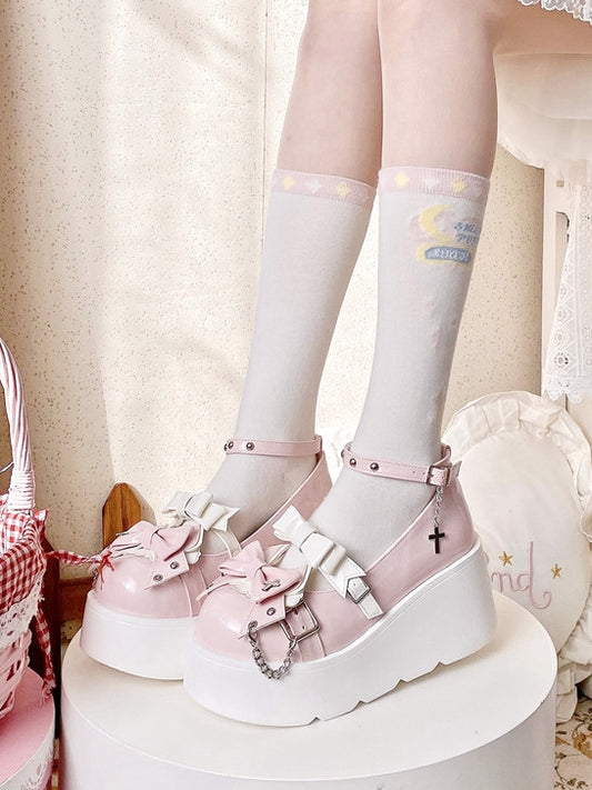 Punk Crosses and Chains Pink Bow Accents Platforms Buckle Ankle Strap