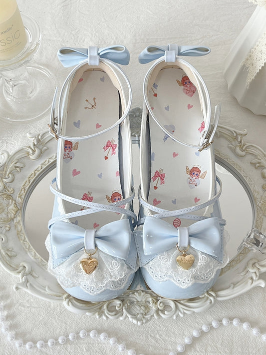 Baby Blue Heart Charm Bow at Top Lace Trim Crisscross Design Lolita Shoes
