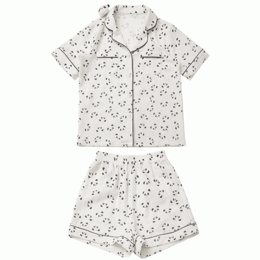 Beige Scalloped Edge Collar Allover Panda Print Shirt + Elastic Waist Shorts Pajamas Set