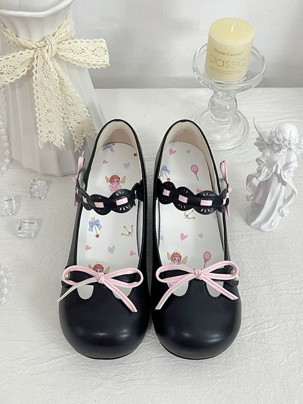 Black Beaded Decorated Knotted Bow at Top Round Toe Lolita Shoes