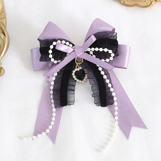 Black and Purple Lolita Bowknot Hairclip with Bead Chain and Heart Charm