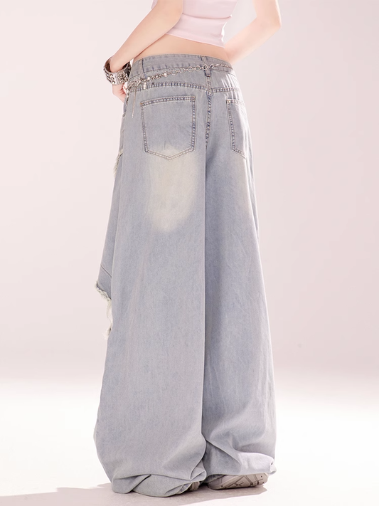 Blue Low Rise Distressed Hole Raw Hem Vintage Wide-leg Jeans