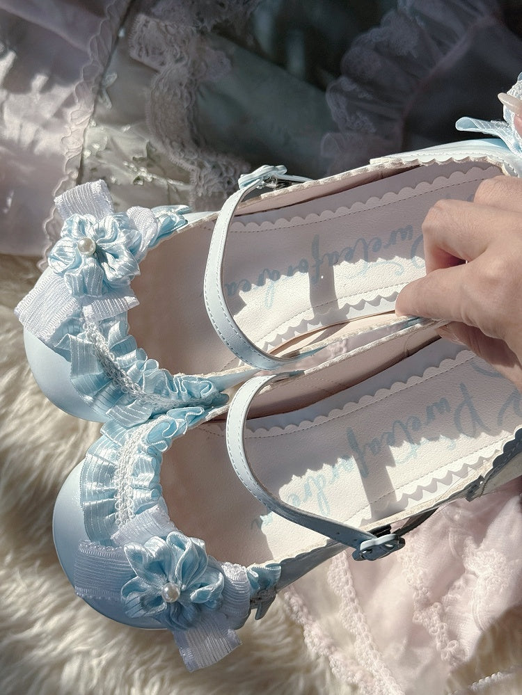 Sweet Light Blue Lolita Low Heels - PU Leather with Blossom Motifs, Delicate Bows & Ruffles Trim
