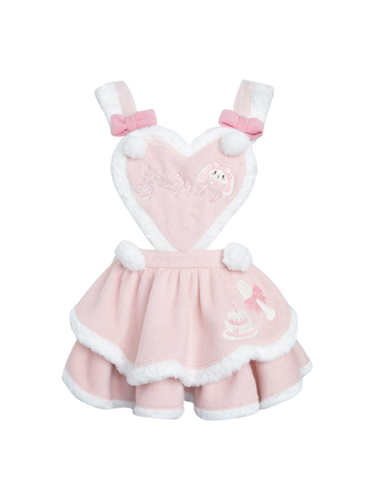 Fluffy Pink Overall Tiered Skirt with Embroidered Sweet Bunny and Heart Front Panel