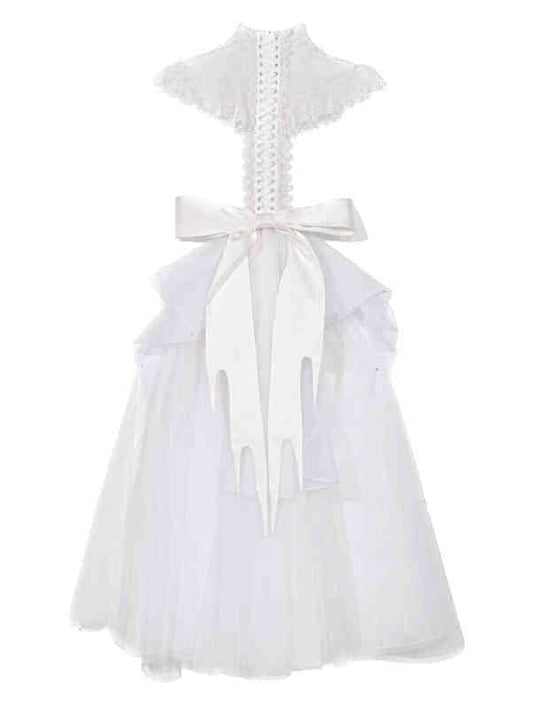 White Spine Lace-up Back Triangle Shawl with Detachable Big Bow Layered Train