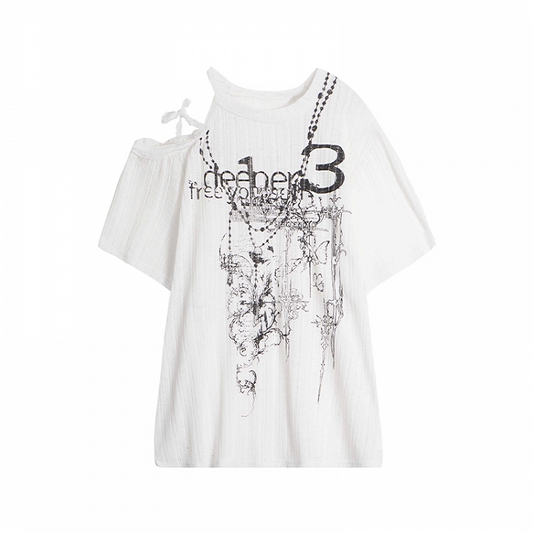 White Self-tie Lace Straps Cutout Shoulder T-shirt Loose Graphic Coverup