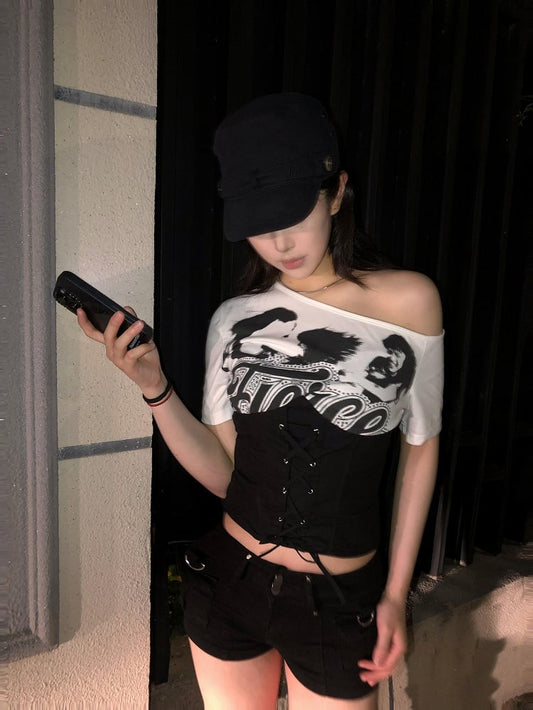 Black / White Asymmetrical Neckline T-Shirt with Lace-up Waist