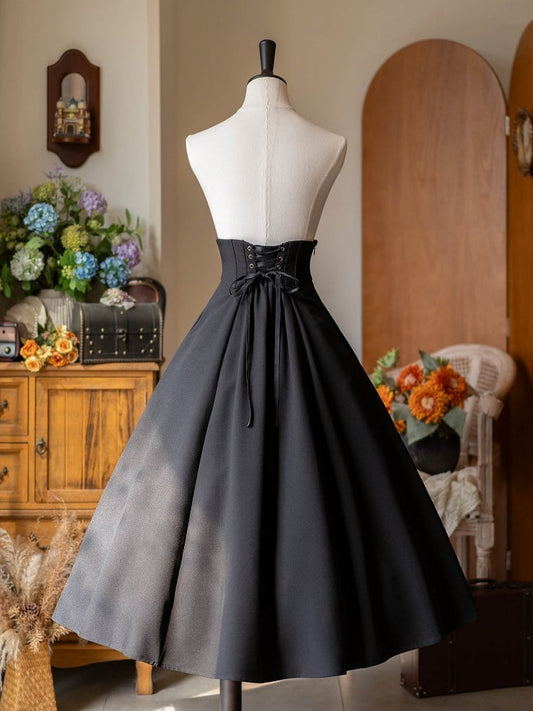 Black Boned Corset Belt High Waist Retro Midi Skirt with Button Accents