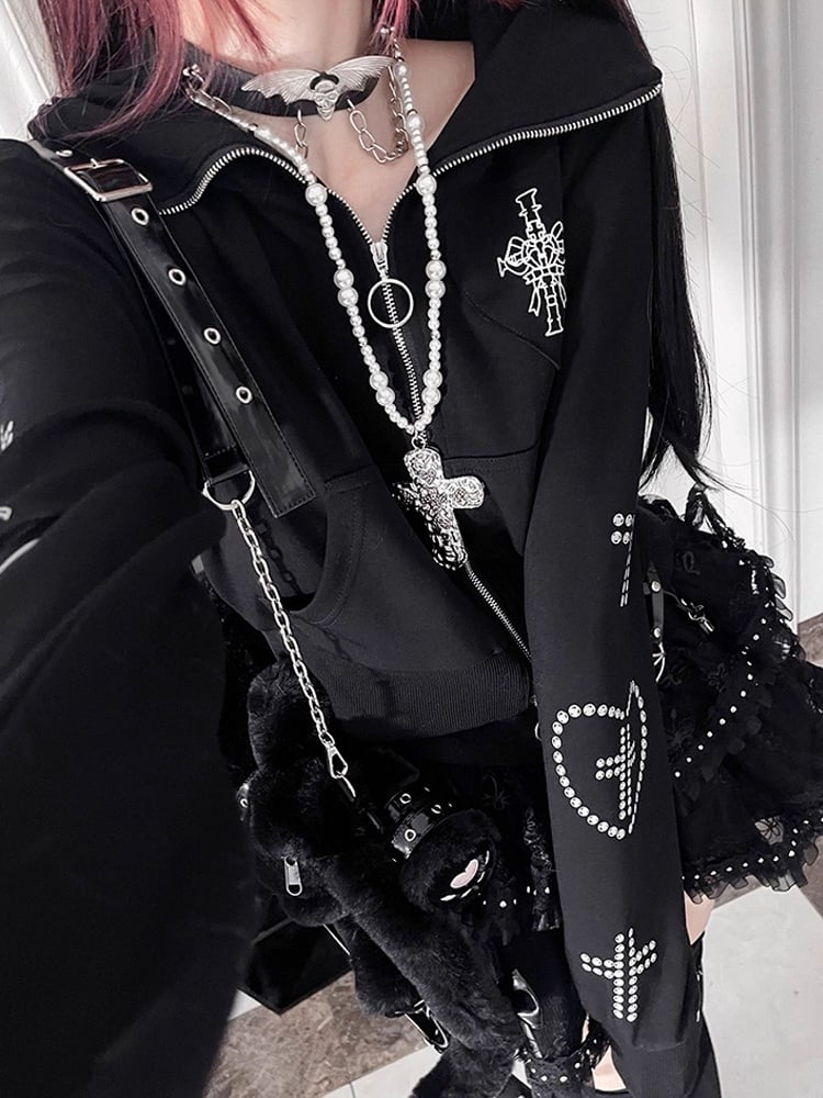 Black Bittersweet Cross And Heart Design Cat Ear Hooded Jacket