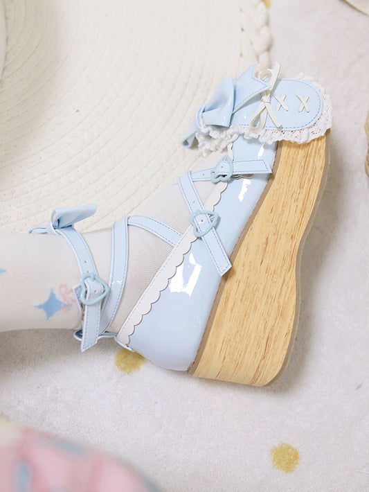 Polished Blue Bunny Ear Bowknot Old School Sweet Lolita Platforms