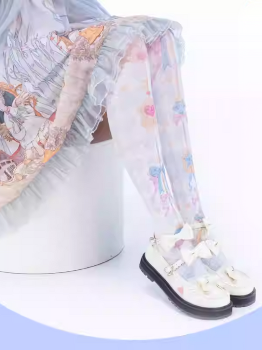 Yume Kawaii Blue Diamond Pattern Bow Print Sweet Lolita Over Knee Stockings