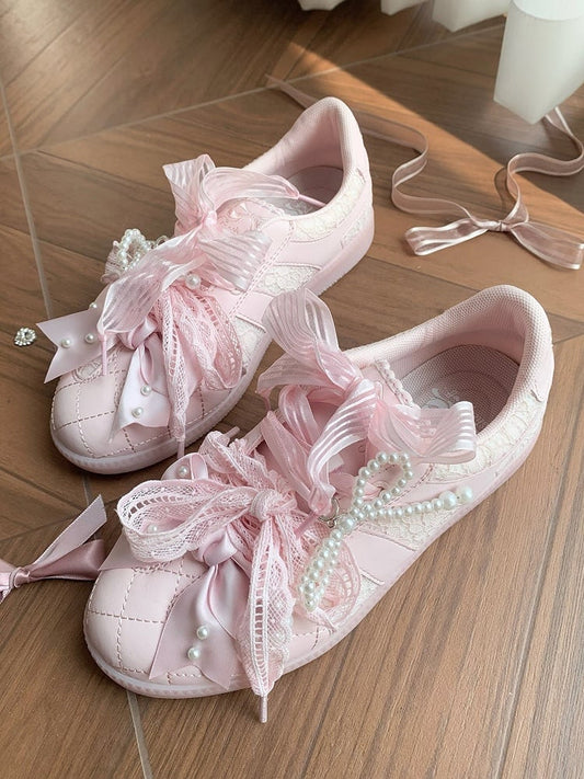 Pink Beaded Decorated Bow at Top Lace Front Lace-up Ties Sneakers