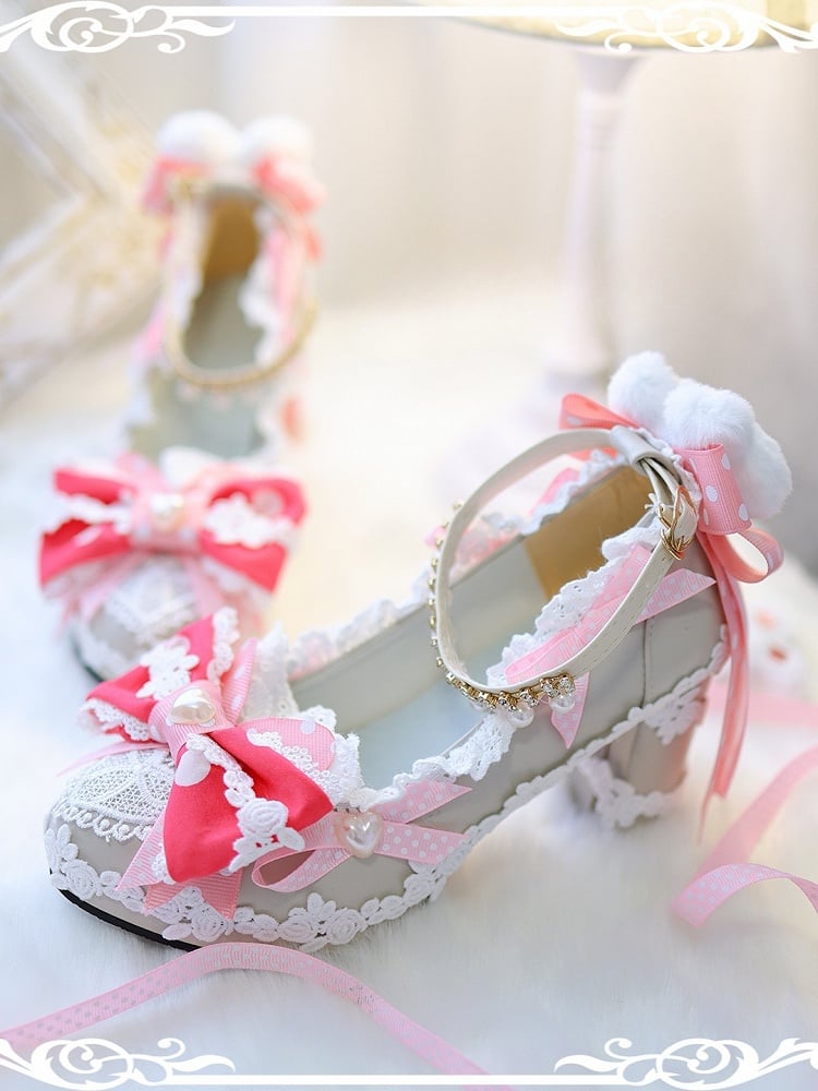 Rose Pink Sweet Lolita Bow at Top Plush Bunny Decorated 8CM Block Heels Lolita Shoes