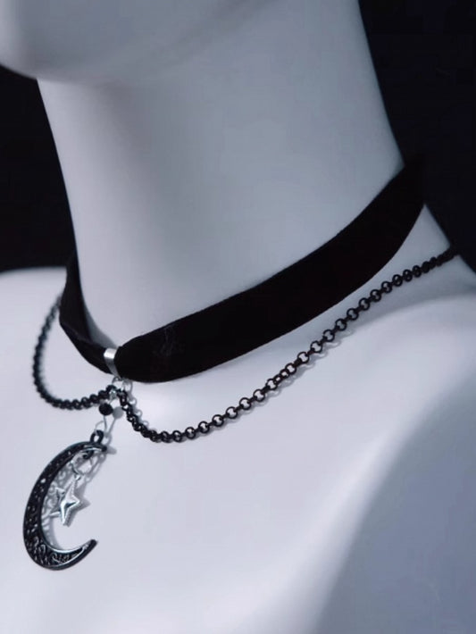 Gothic Moon and Star Pendant Black Velvet Choker with Chains