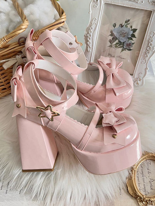 Pink Bow at Top Crisscross Design Sweet Lolita Platform High Block Heels