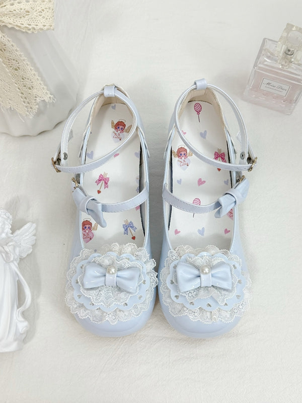 Baby Blue Bow at Top Lace Trim Heart Buckles Round Toe Lolita Shoes