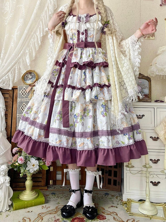 Blueberry and Ice Cream Print Tiered Skirt Purple Ruffle Trimming Lolita Dress