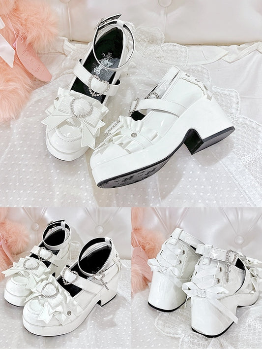 Jirai Kei Polished White Rhinestone Heart Decorated Lace-up Details Platform High Block Heels