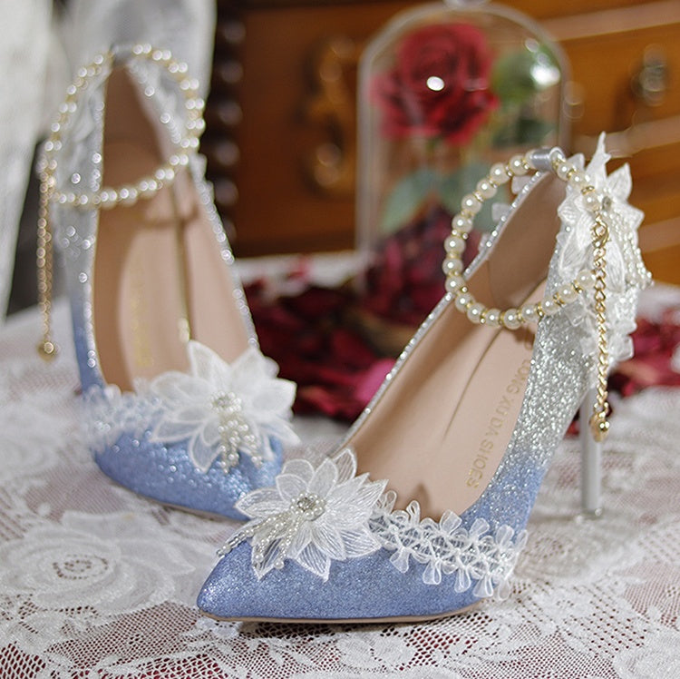 Light Blue Glittering Floral Detachable Beaded Chain 7CM/9CM Hime Lolita High Heels