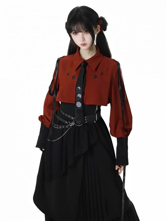 Wine Red/White Ribbon Moon Print Shirt With A Tie