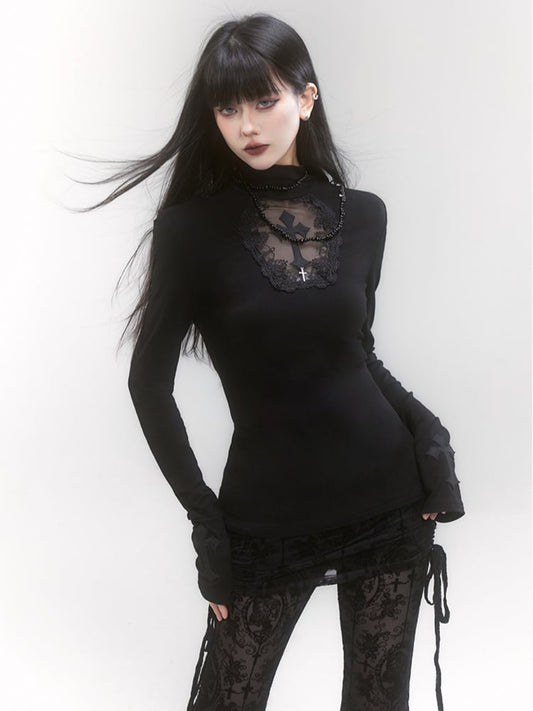 Gothic Black High Neck Cross Applique Cutout Detail Top