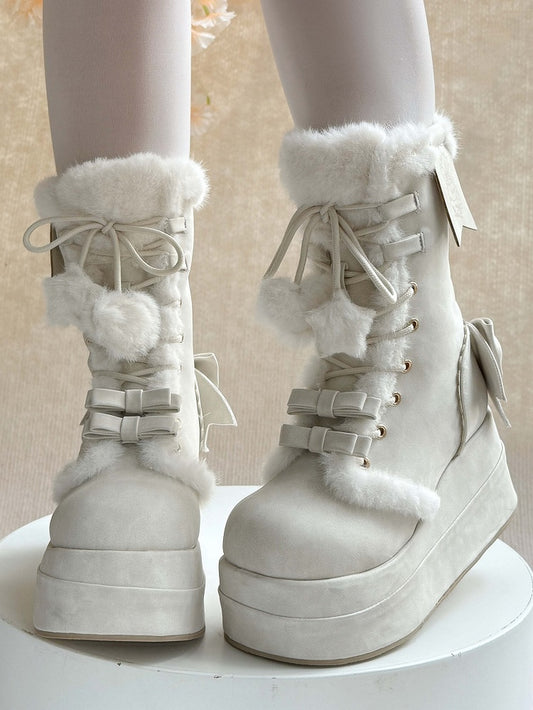 Platform Sweet White Winter Boots for Lolita - Fleece Lining with Heart And Star Pompon Charm Shoelaces & Bow Decor