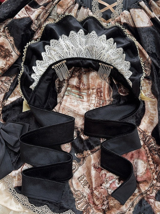 Matte Wine Red/Black Velvet Lace Trim Bonnet + 4 Bowknot Brooches