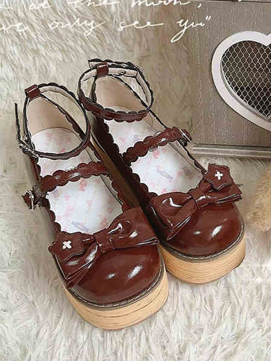 Brown Star Applique Bow at Top Lolita Platform Shoes