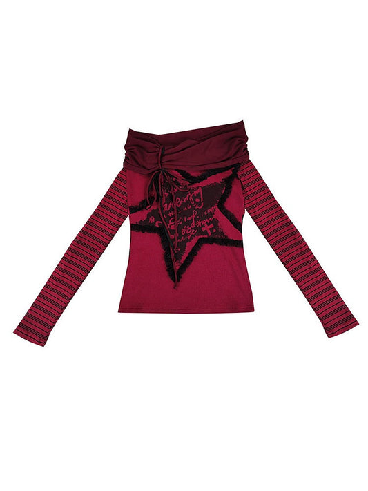 Star Design Letters Print Wine Red Off-the-shoulder Neckline Top