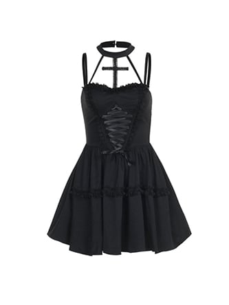 Gothic Black Lace-up Front Basque Waist Cross Halter Dress