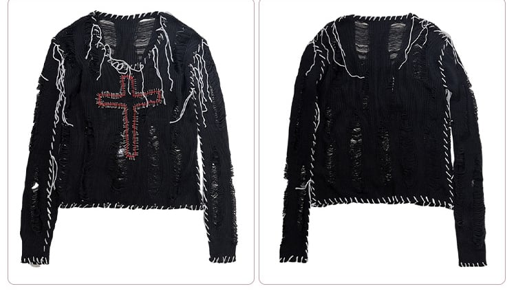 Pins Decorated Black Distressed Holes Punk Cross Sweater