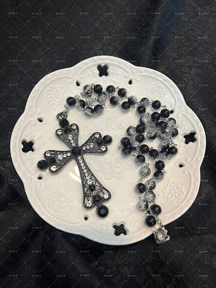 Black Gothic Rhinestoned Cross Pendant Beads Necklace