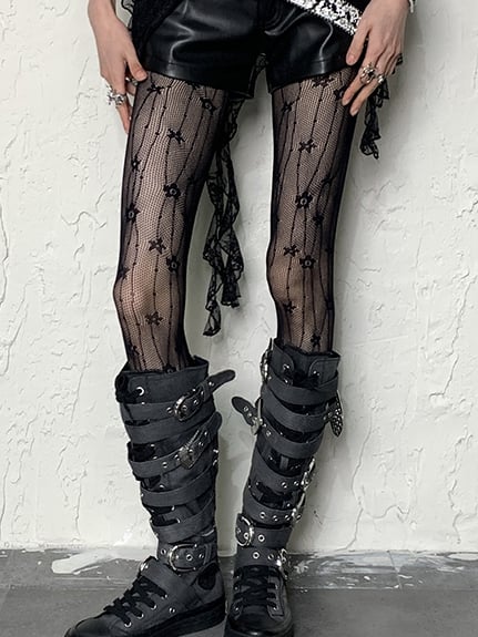 White/Black Y2K Floral Pattern Fishnet Tights