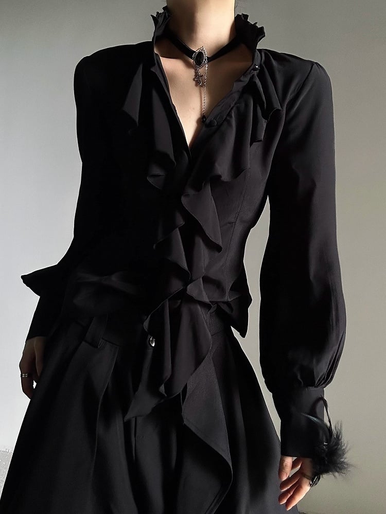Ouji Lolita Vintage Black Bishop Sleeve Shirt with Cascading Ruffles & Detachable Obsidian Necklace