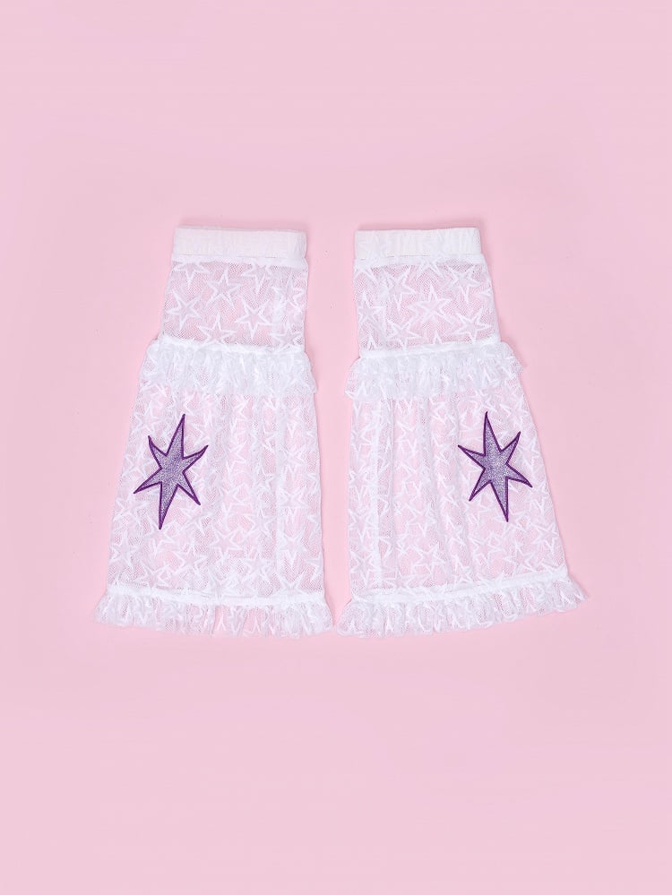 White Star Mesh Leg Warmers with Purple Sparkle Patch