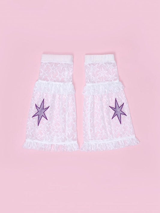 White Star Mesh Leg Warmers with Purple Sparkle Patch