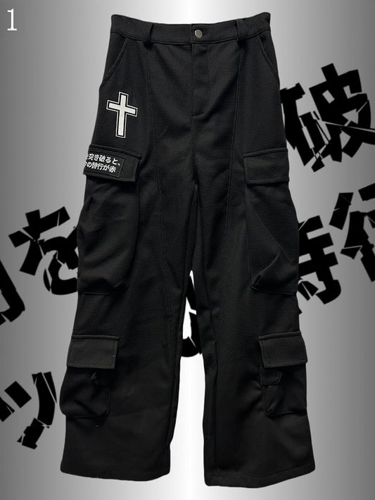 Black Punk Rock Cross And Letter Applique Cargo Pockets Decorated Wide-Leg Cargo Pants