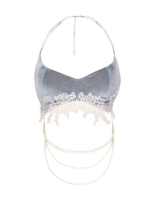 Lace Applique Dusty Blue Velvet Camisole with Detachable Bead Chains