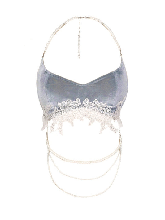 Lace Applique Dusty Blue Velvet Camisole with Detachable Bead Chains