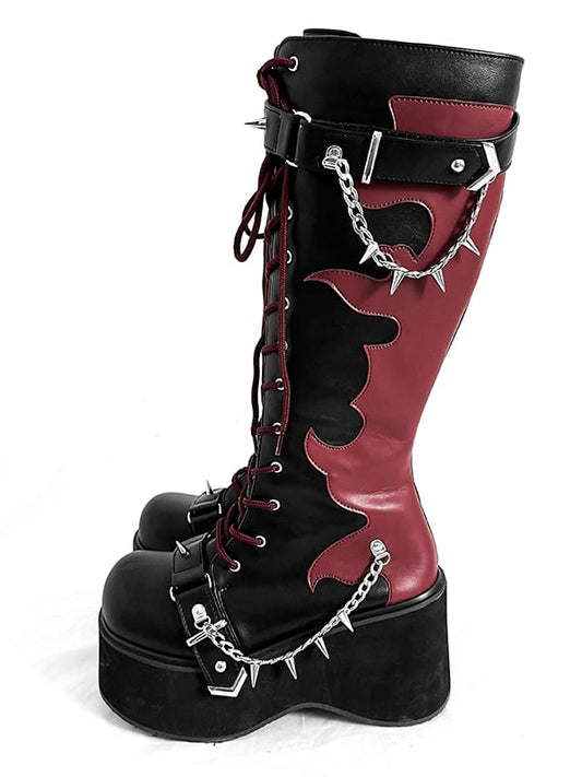 Black and Red Punk Goth Platform Boots Spike Studs Chains Knee-high Boots