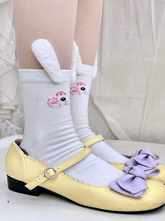 White Bunny Print Calf Socks With Bunny Ears